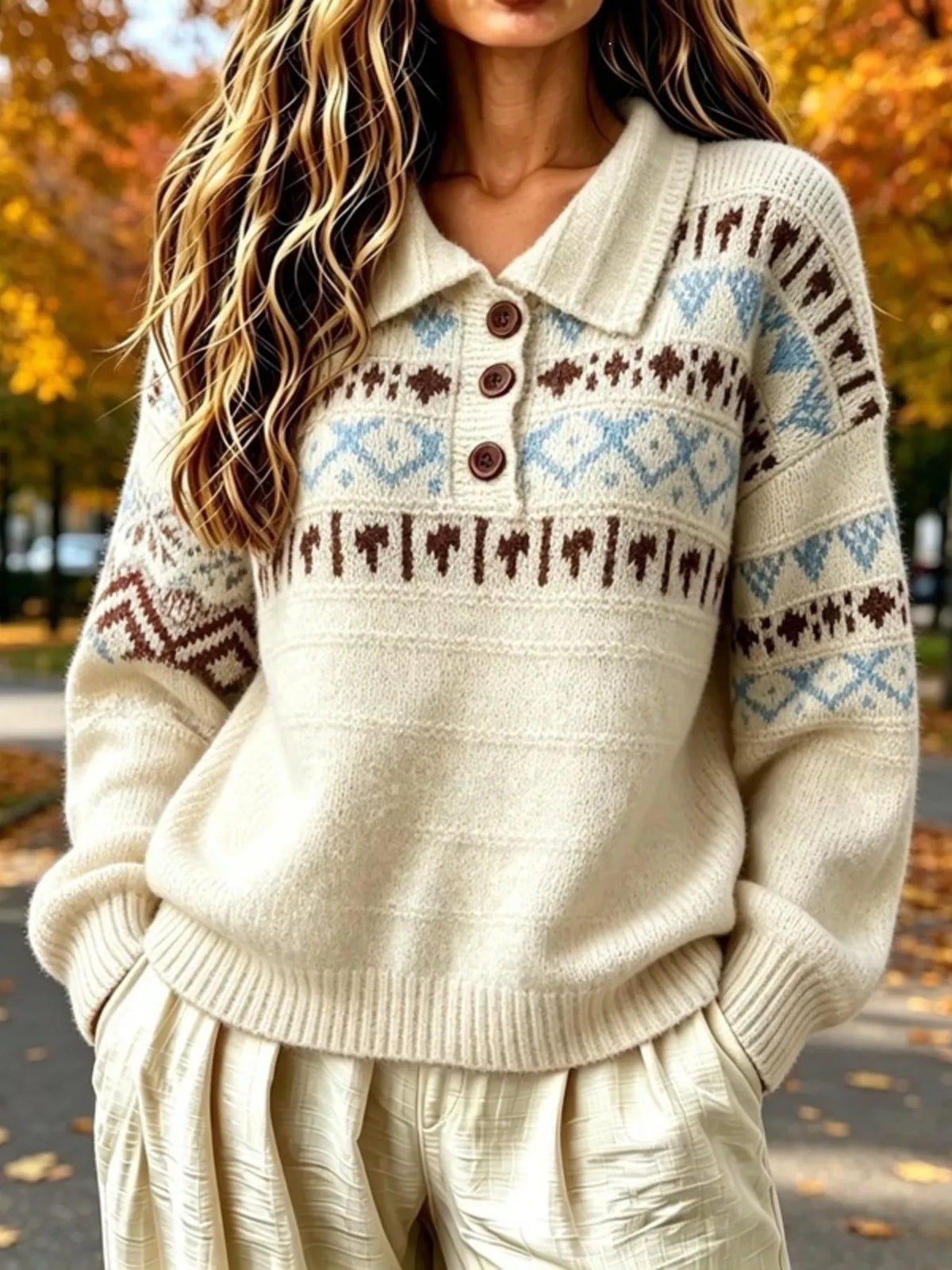 full size vintage fair isle pattern polo collar | dropsona - neutral - everyday use