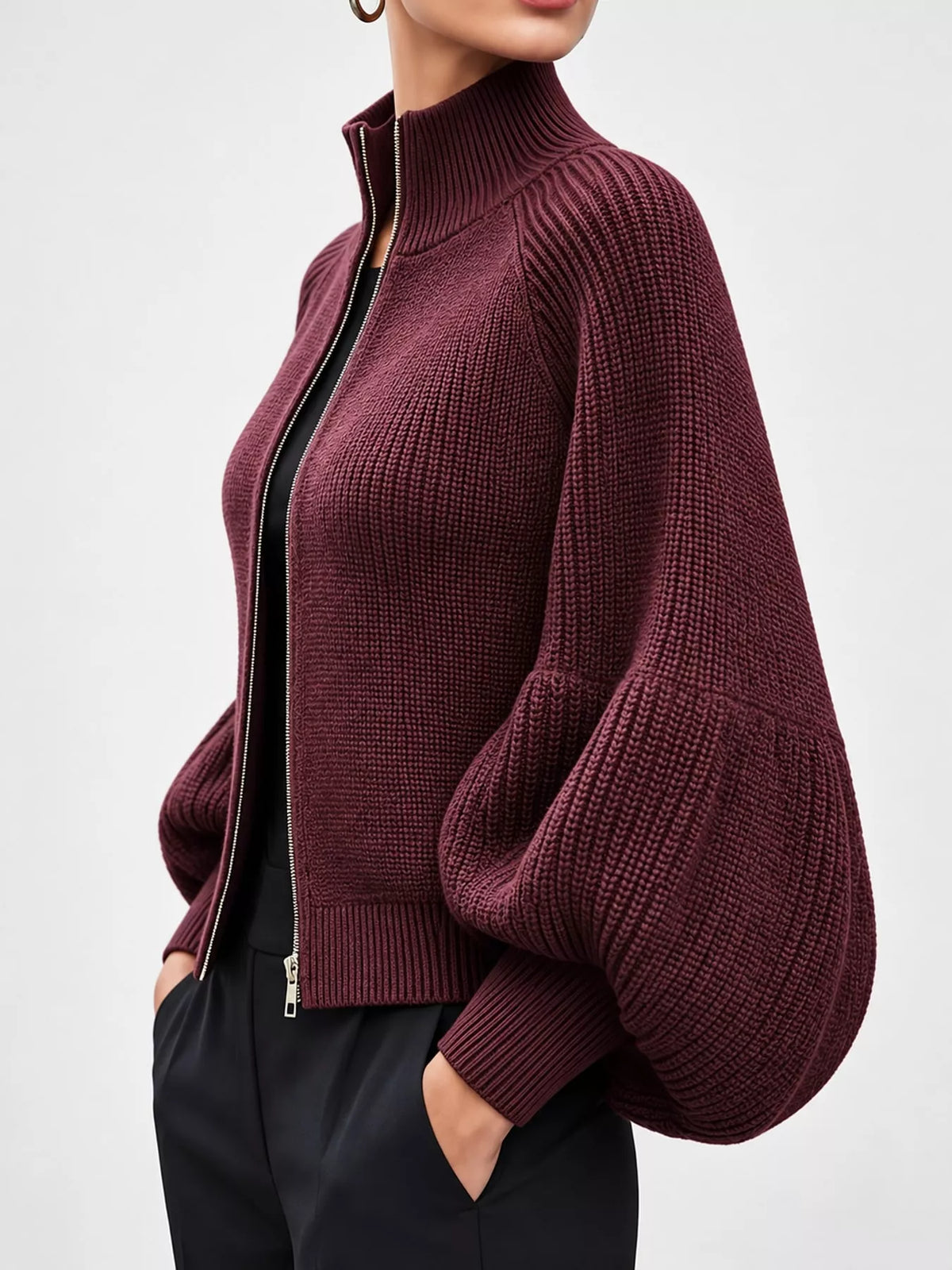 ribbed knit zip-up cardigan with lantern sleeves | dropsona - neutral - front view