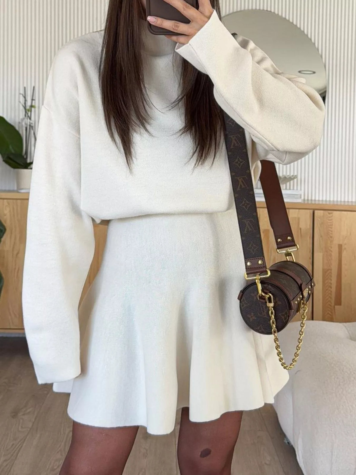 mock neck knit top and flared skirt set | dropsona - neutral - everyday use
