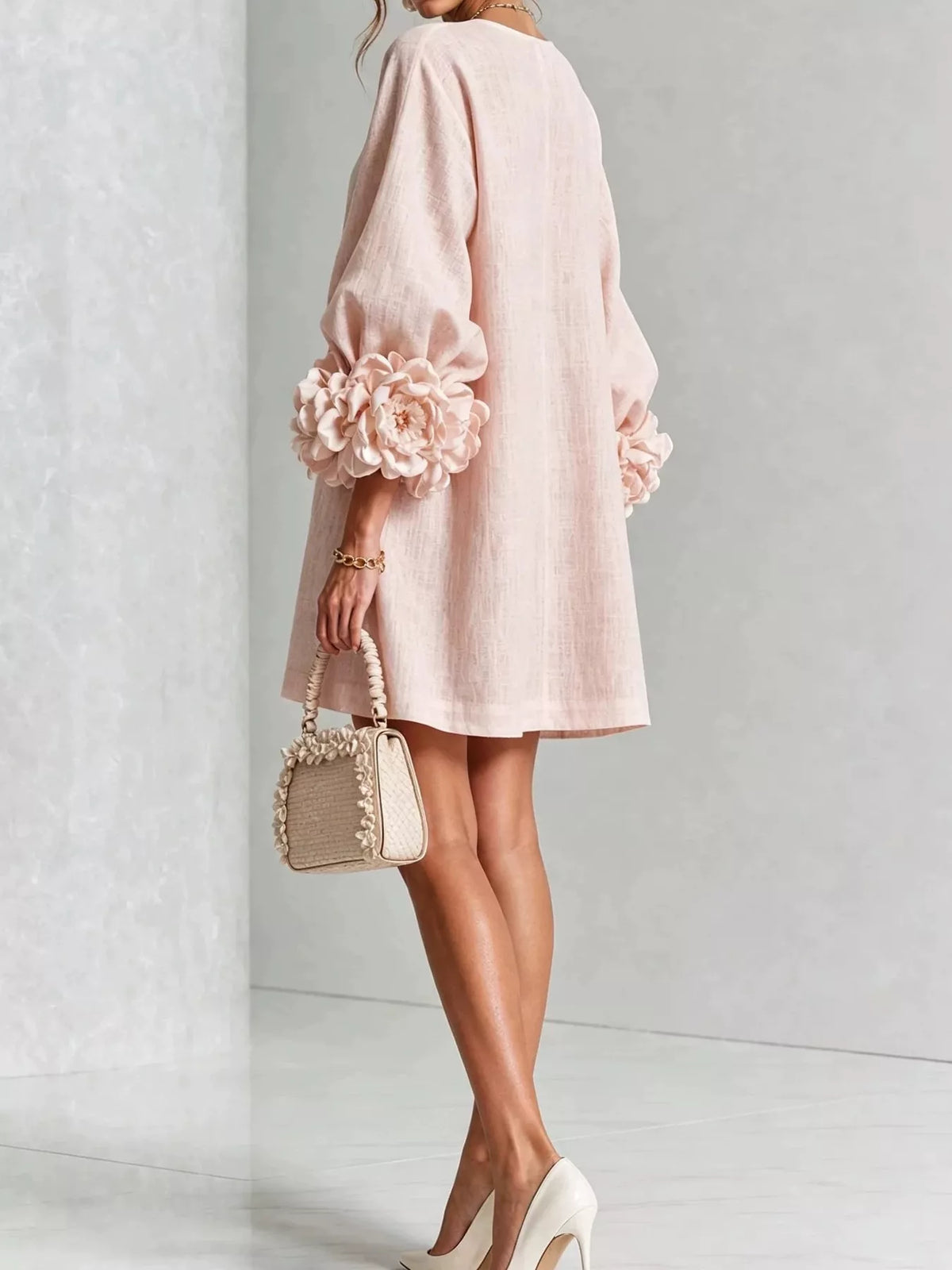 full size 3d floral round neck mini dress plus | dropsona - neutral - front view