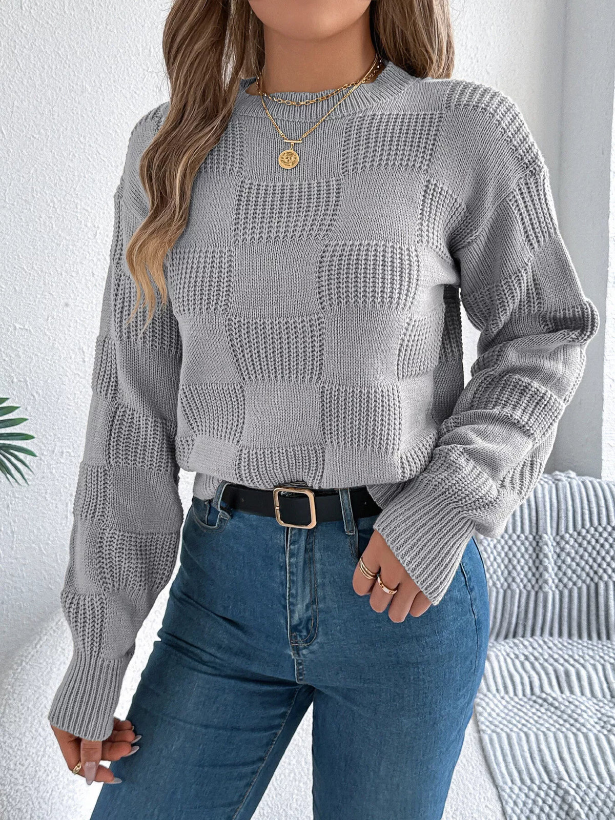 checkerboard textured knit sweater | dropsona - neutral - front view
