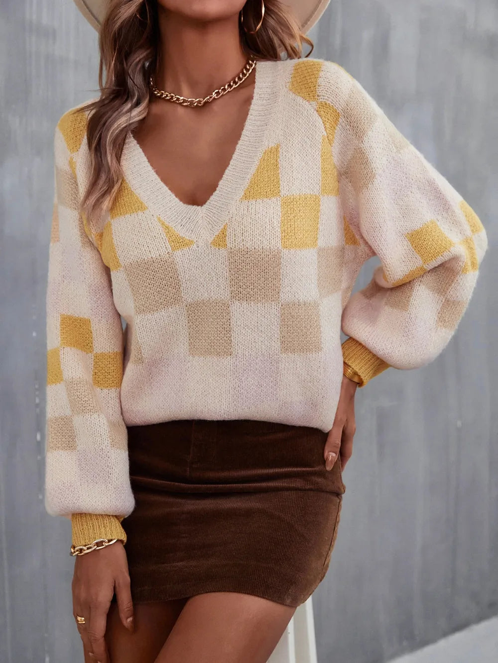 angel wings checkered v-neck lantern sleeve sweater | dropsona - neutral - everyday use