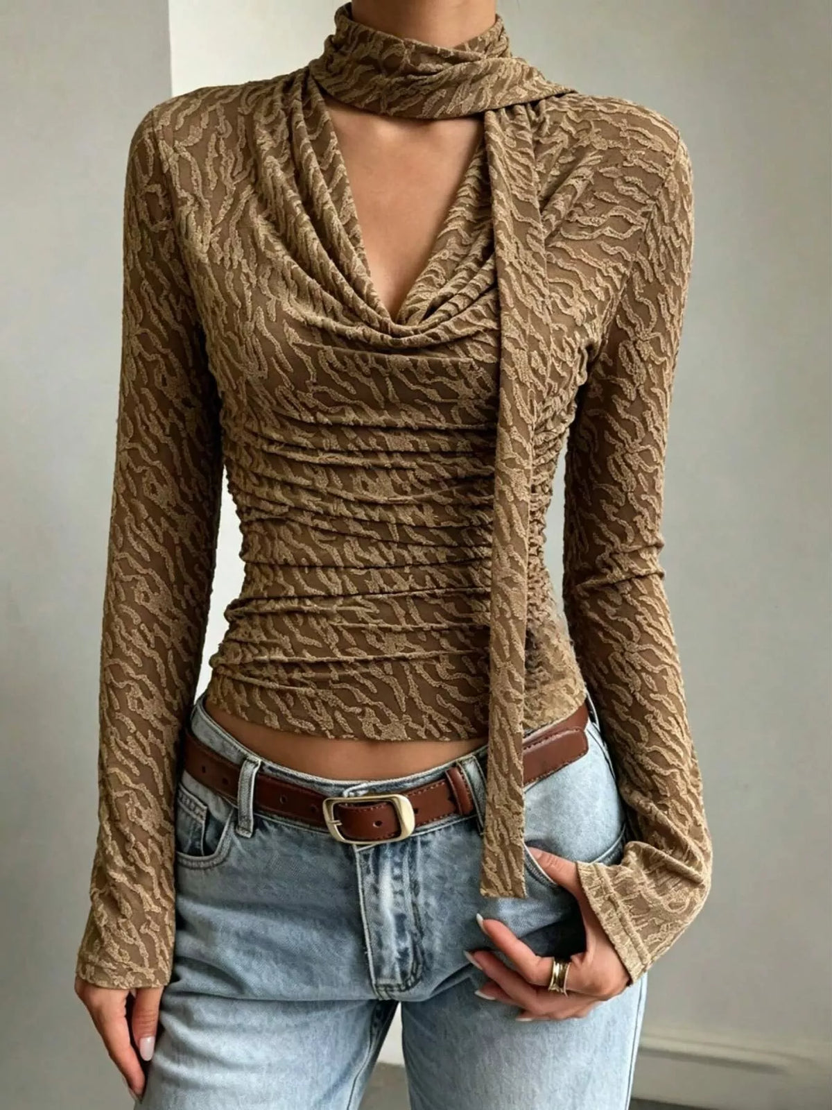 textured cowl neck long sleeve blouse with scarf | dropsona - neutral - everyday use