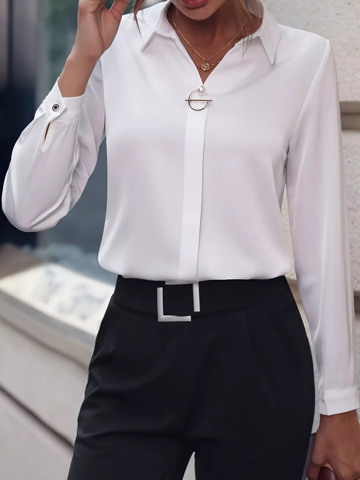 long sleeve satin blouse | dropsona - neutral - front view