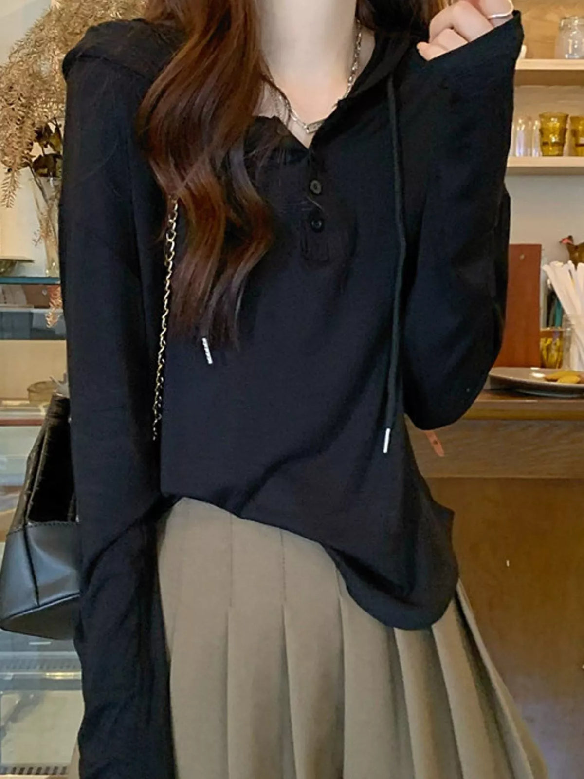 casual long-sleeve hooded henley t-shirt | dropsona - neutral - front view
