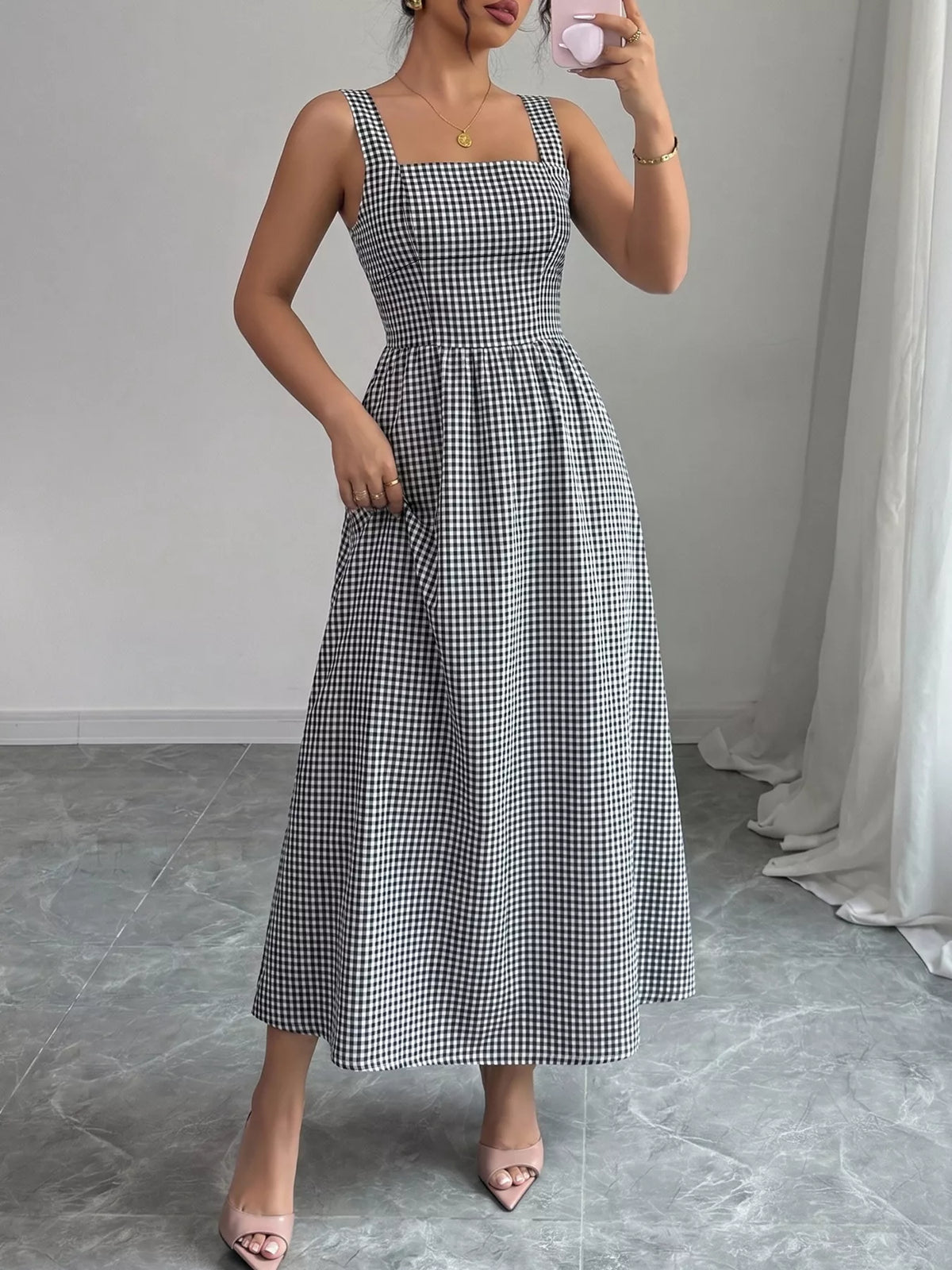 square neck gingham midi dress – pleated,seam detail | dropsona - neutral - front view