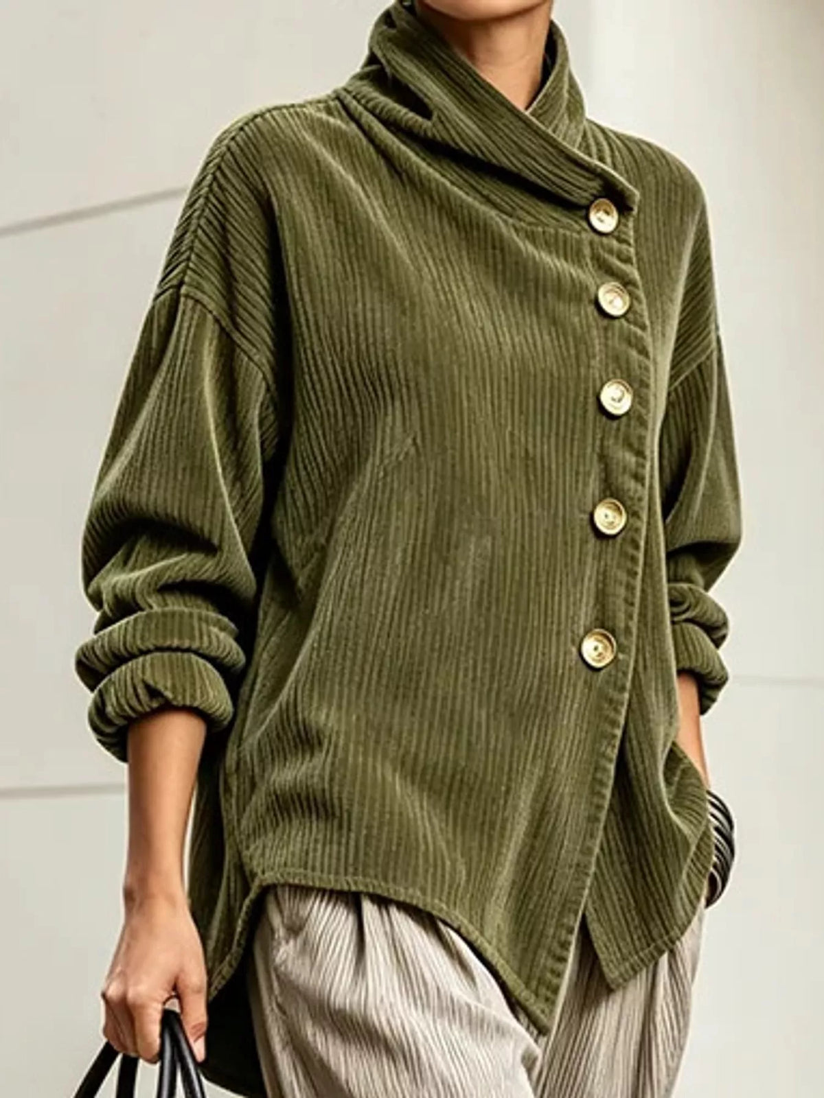 full size asymmetric button-down corduroy jacket plus | dropsona - neutral - front view