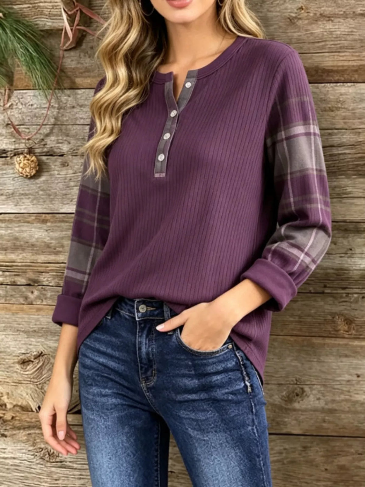 full size ribbed knit henley t-shirt with plaid | dropsona - neutral - everyday use
