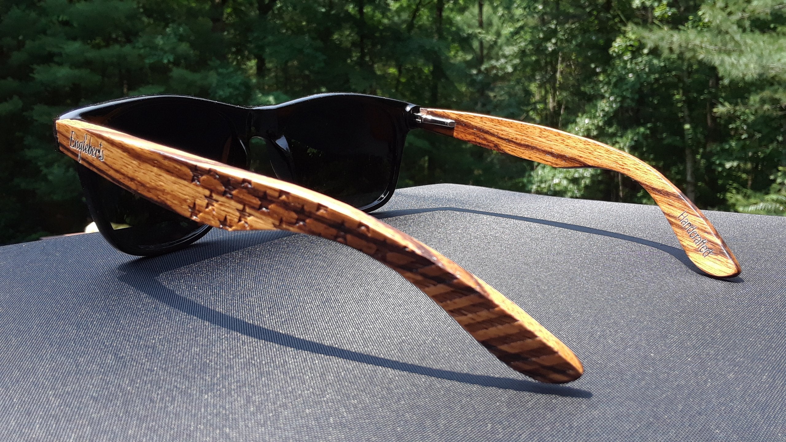 zebrawood sunglasses, stars and bars with wooden case, | dropsona - neutral - close-up detail