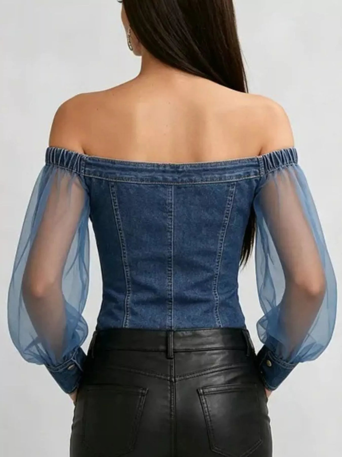 full size off-shoulder sheer sleeve denim top plus | dropsona - neutral - front view