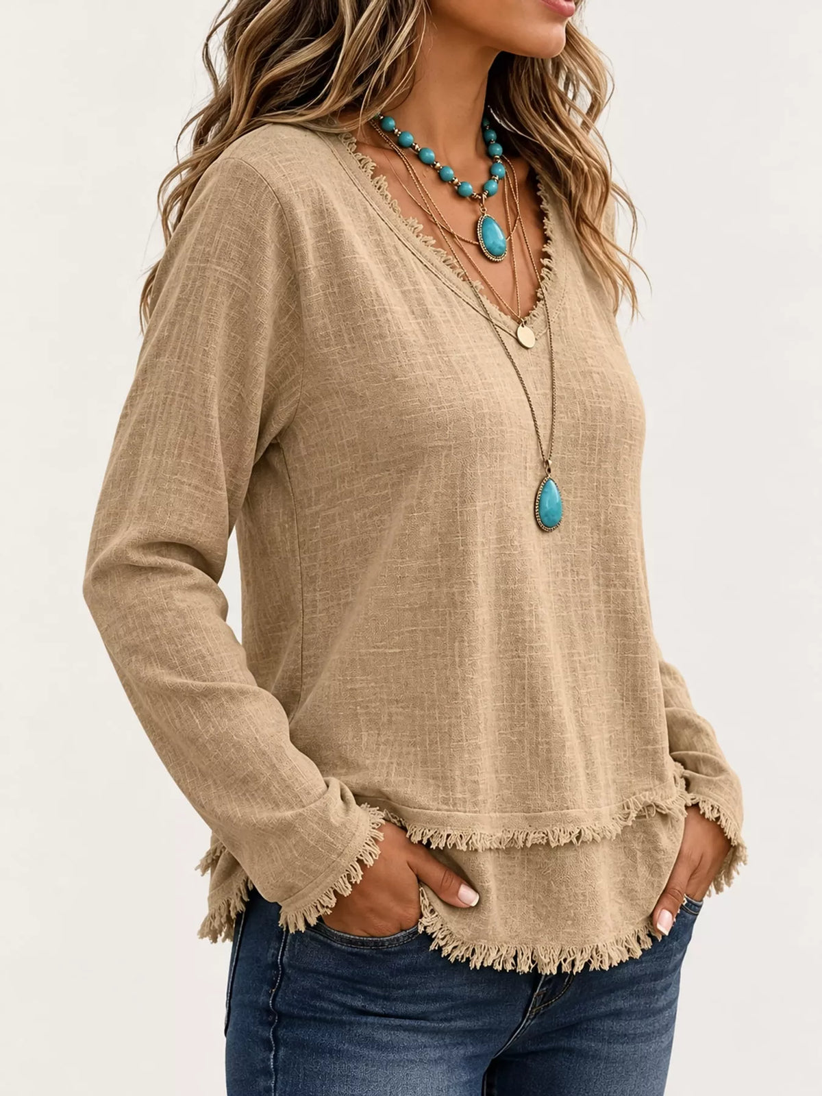 full size frayed hem v-neck blouse plus | dropsona - neutral - front view