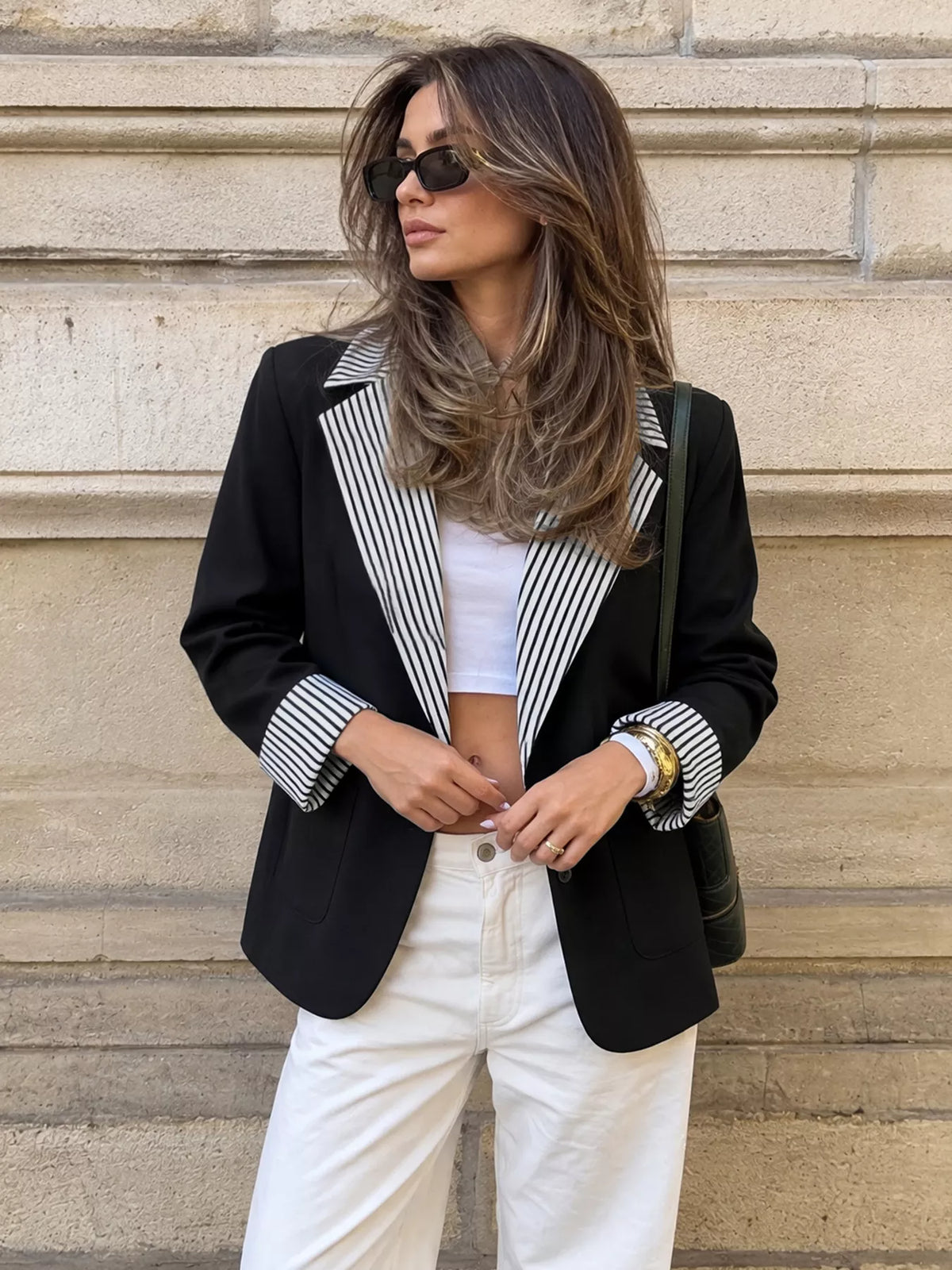 contrast striped lapel collar blazer – buttoned | dropsona - neutral - front view