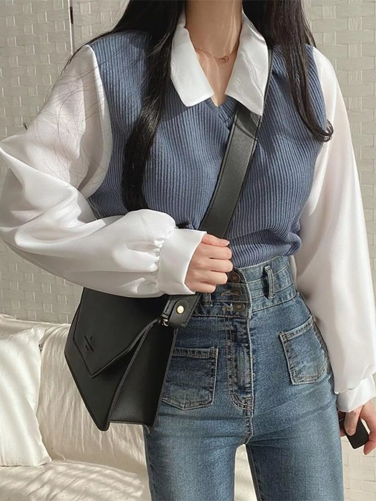 layered look long sleeve blouse – layered,ribbed fit | dropsona - neutral - front view