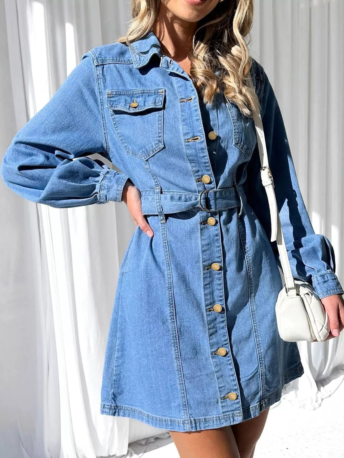 button-down denim dress with belted waist and long | dropsona - neutral - front view