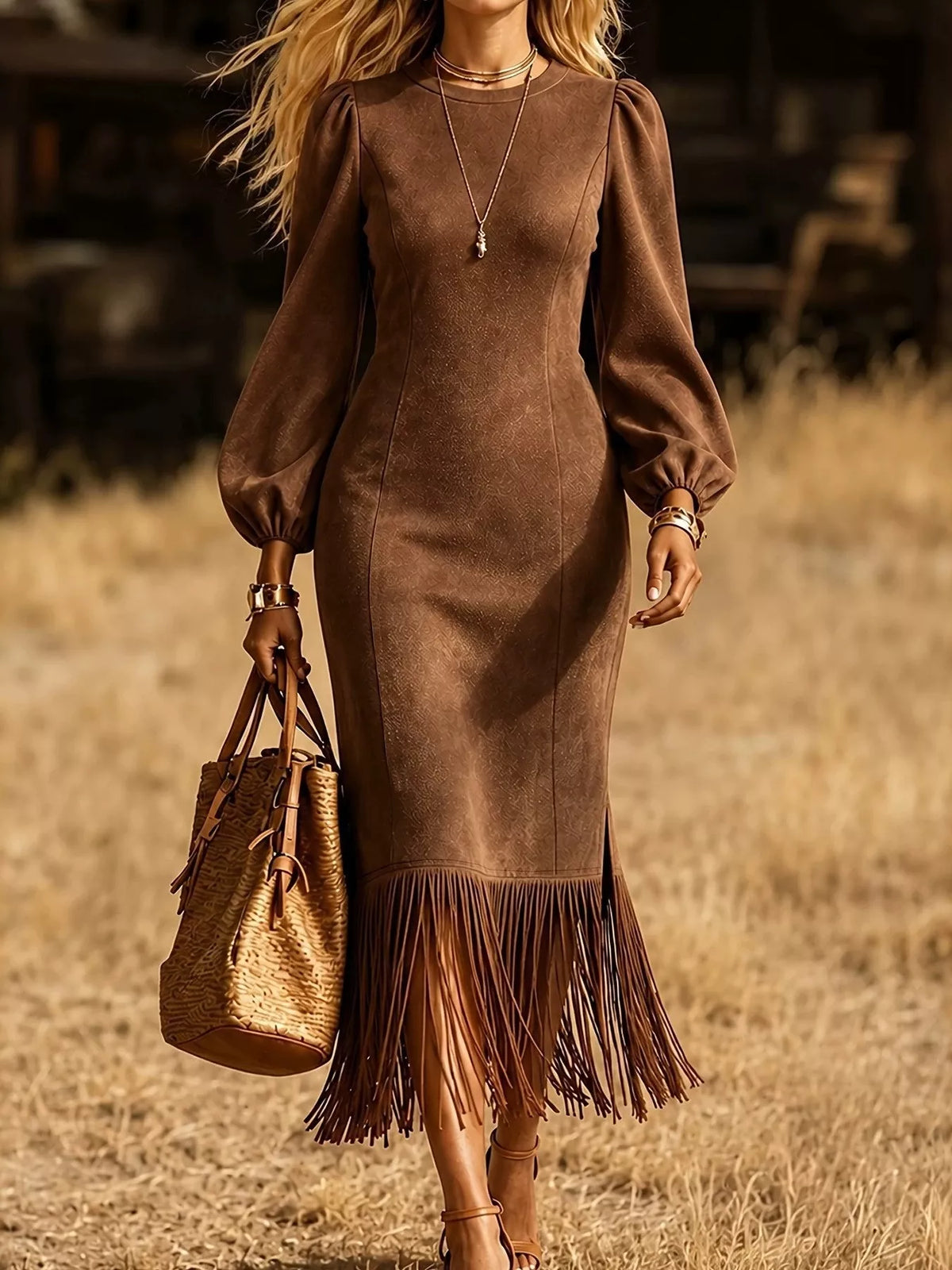 fringe hem balloon sleeve midi dress – | dropsona - neutral - everyday use