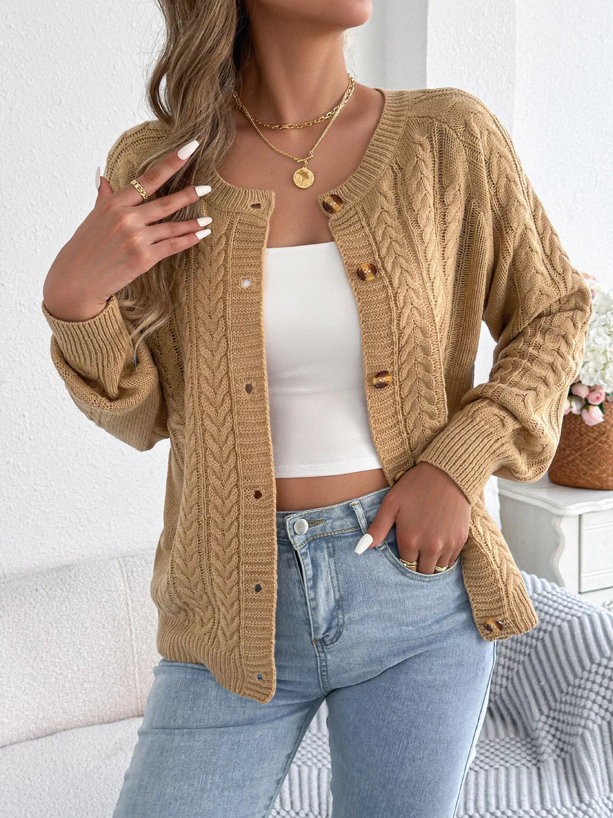cable knit button-front cardigan – cable-knit,buttoned | dropsona - neutral - everyday use