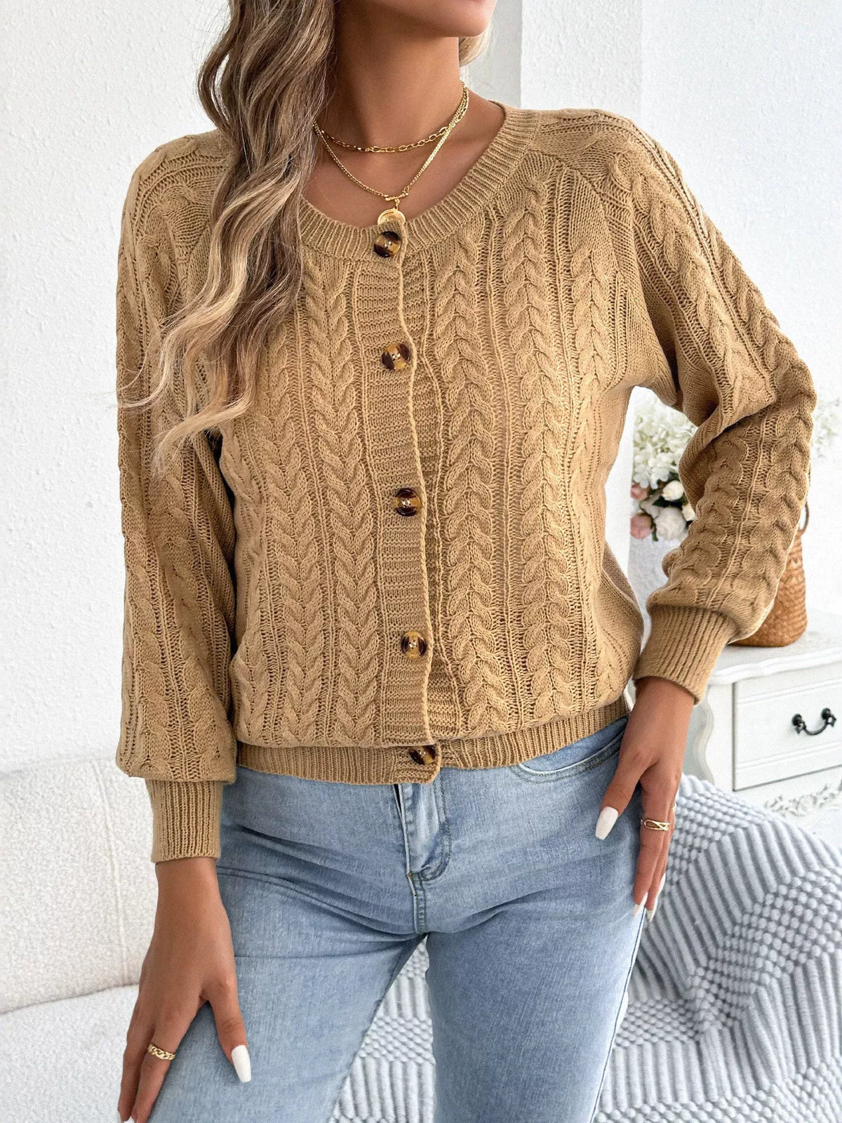 cable knit button-front cardigan – cable-knit,buttoned | dropsona - neutral - front view