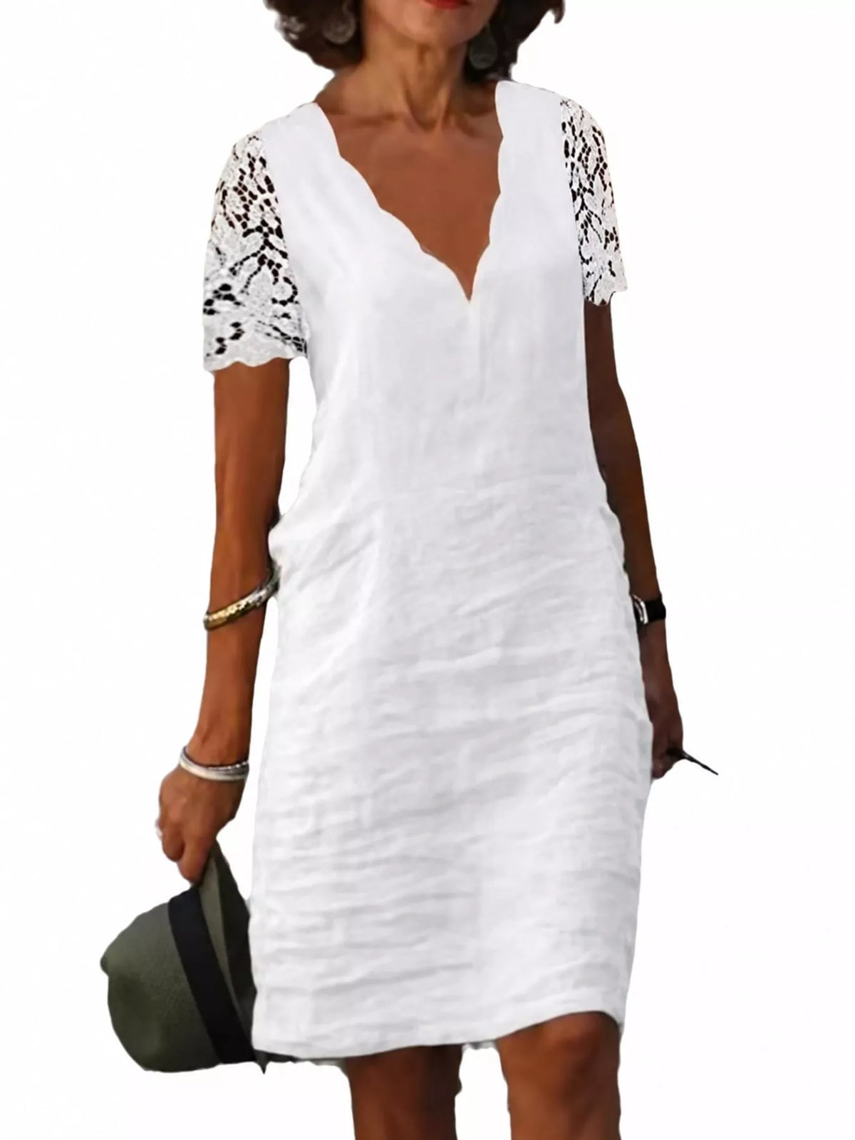 full size scalloped v-neck lace sleeve mini dress | dropsona - neutral - everyday use