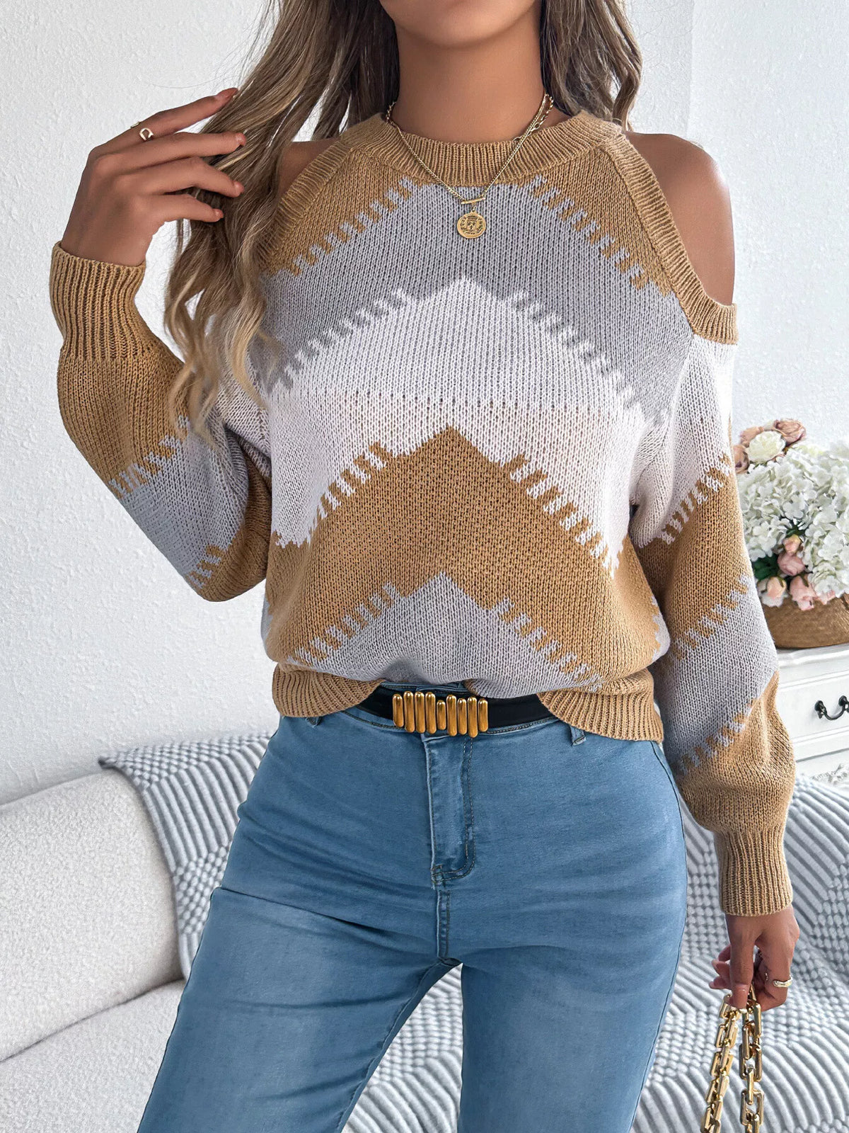 cold shoulder chevron pattern knit sweater | dropsona - neutral - everyday use
