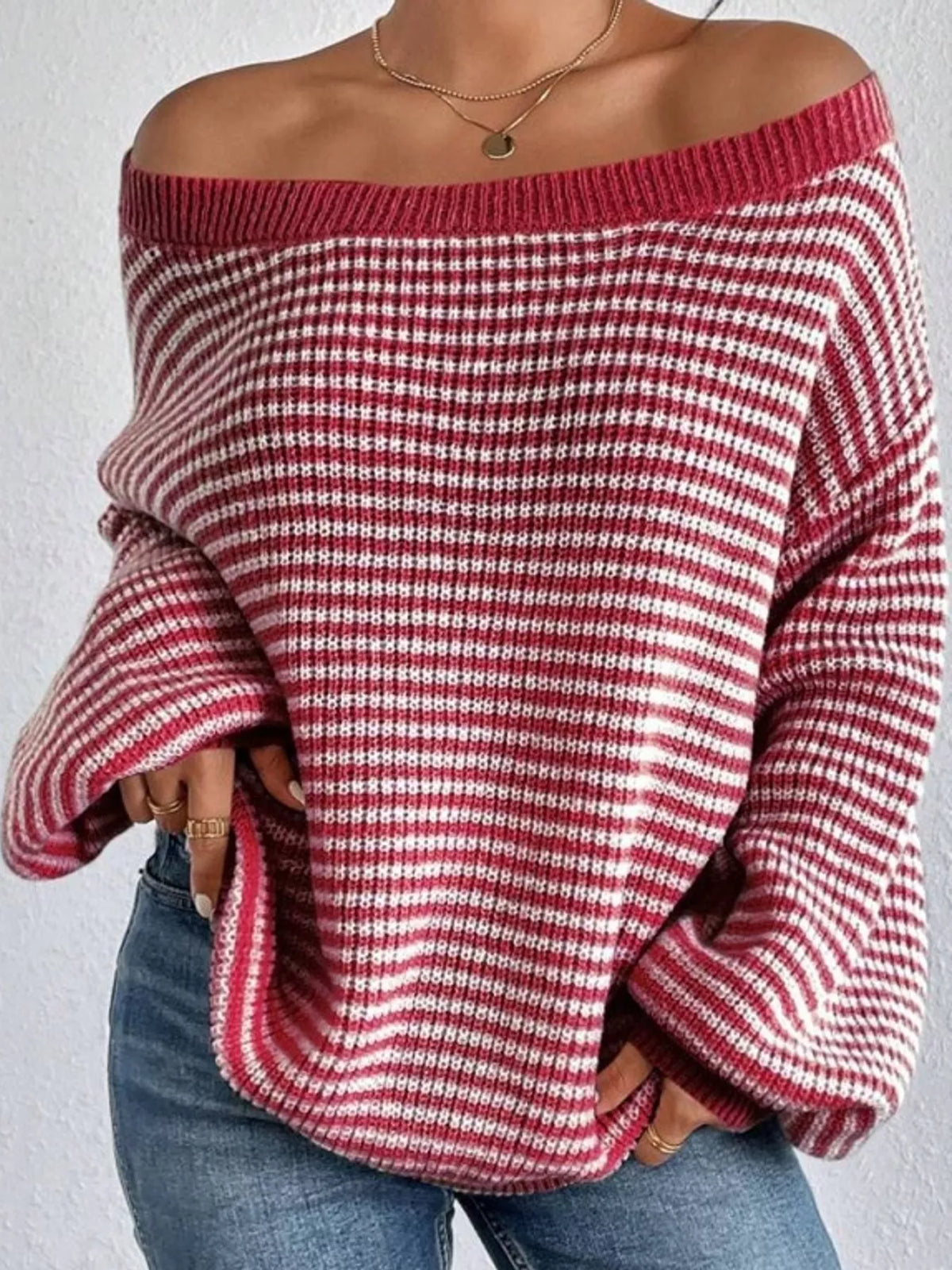 striped knit boat neck sweater – oversized,ribbed fit | dropsona - neutral - everyday use