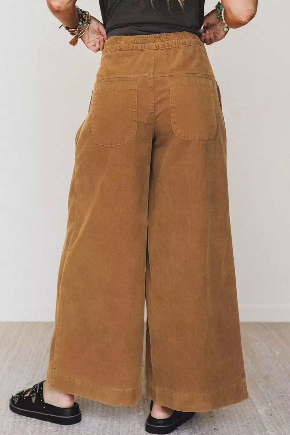 elastic waist wooden button placket ankle length wide | dropsona - neutral - front view