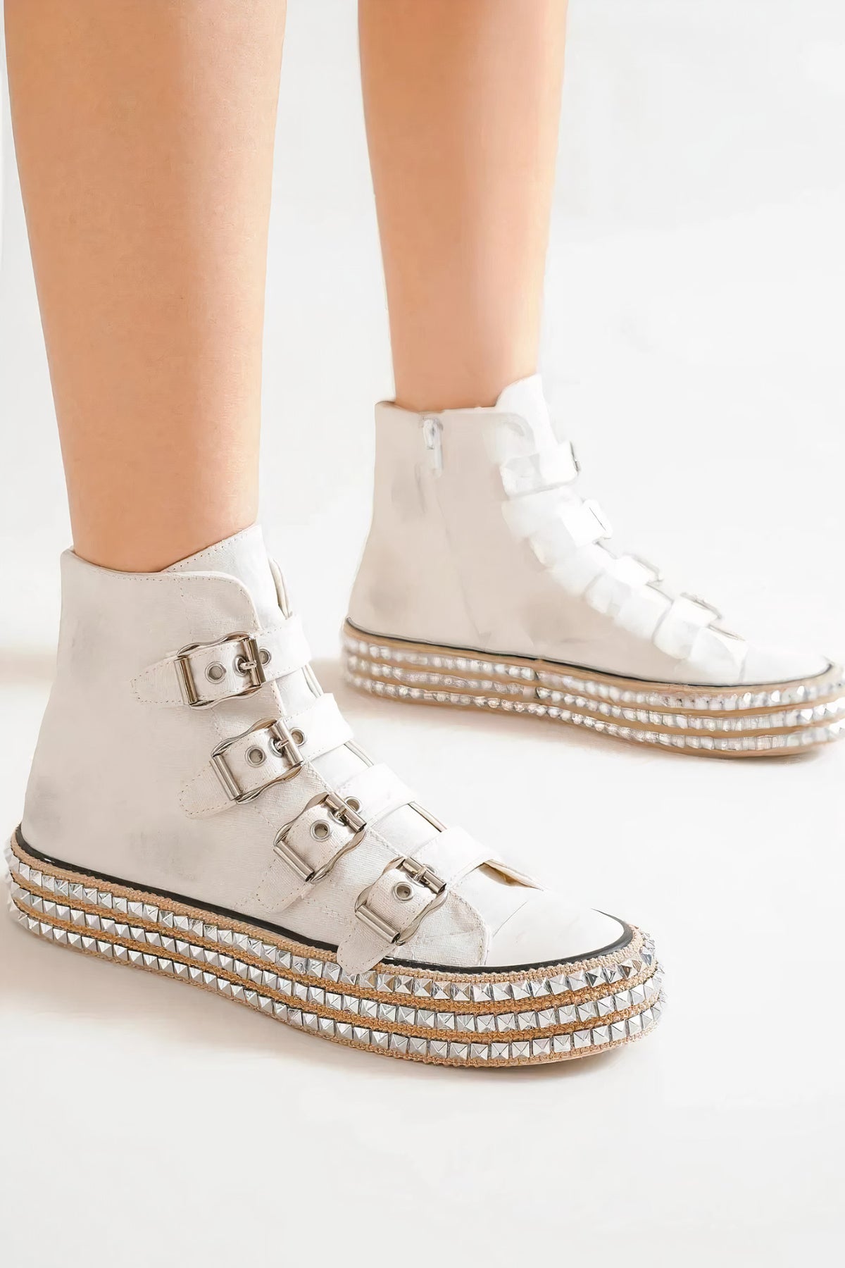 beast fashion multi-buckle straps studded platform sneakers - white - everyday wear