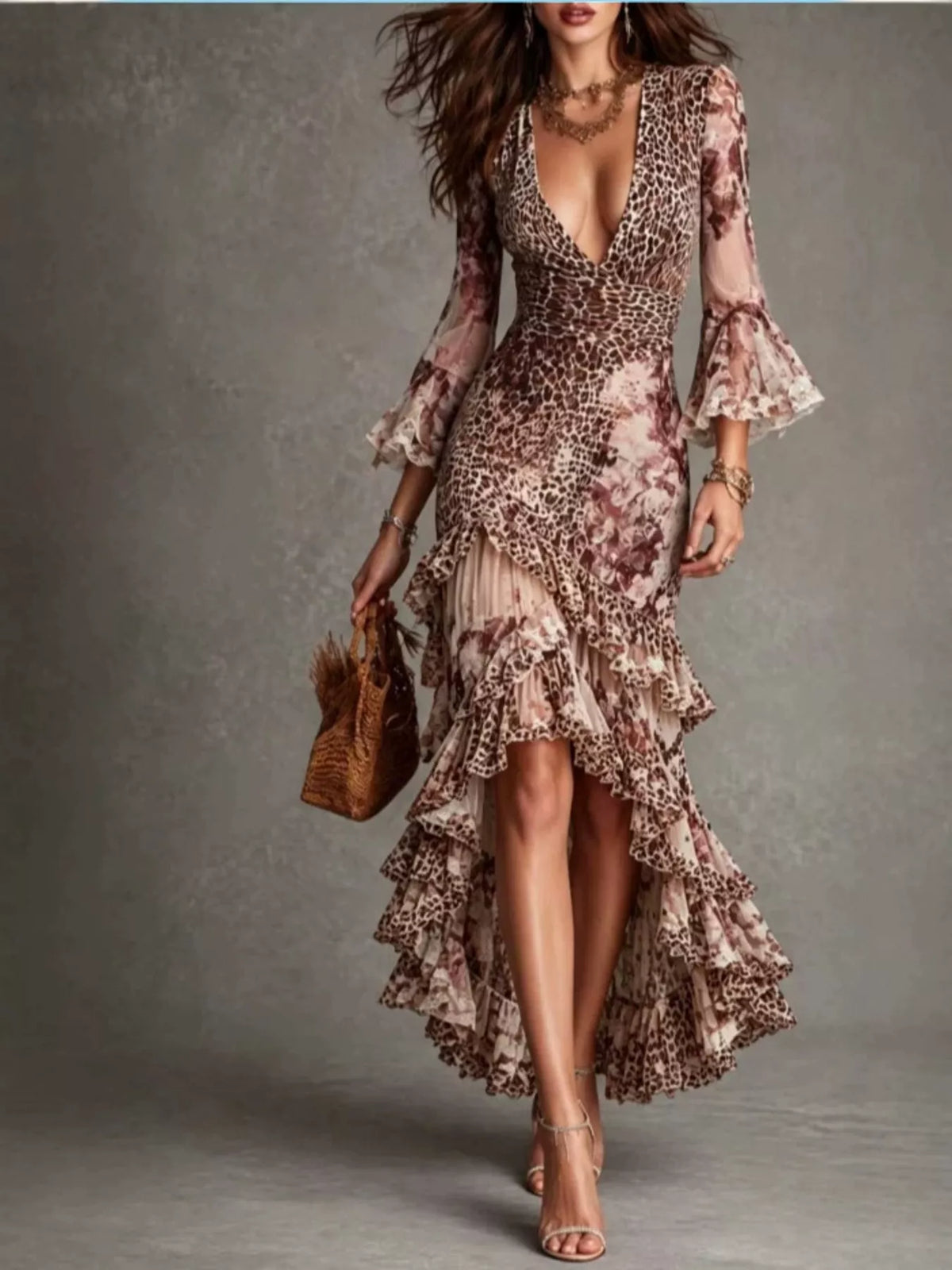 leopard print high-low ruffle hem maxi dress | dropsona - neutral - everyday use