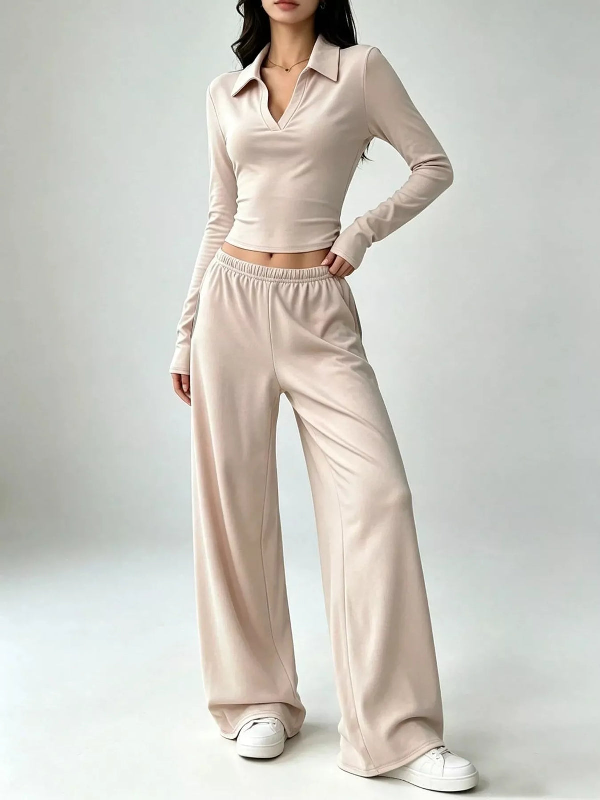long-sleeve polo top and wide-leg pants set | dropsona - neutral - everyday use