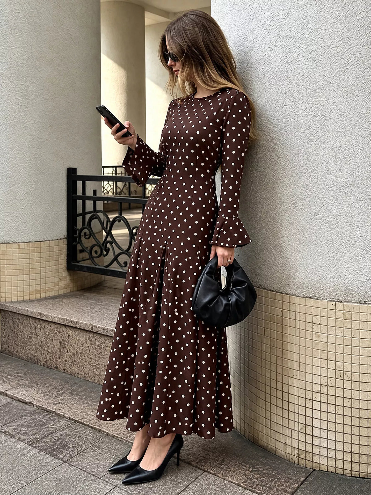 polka dot long sleeve maxi dress – zipper | dropsona - neutral - front view