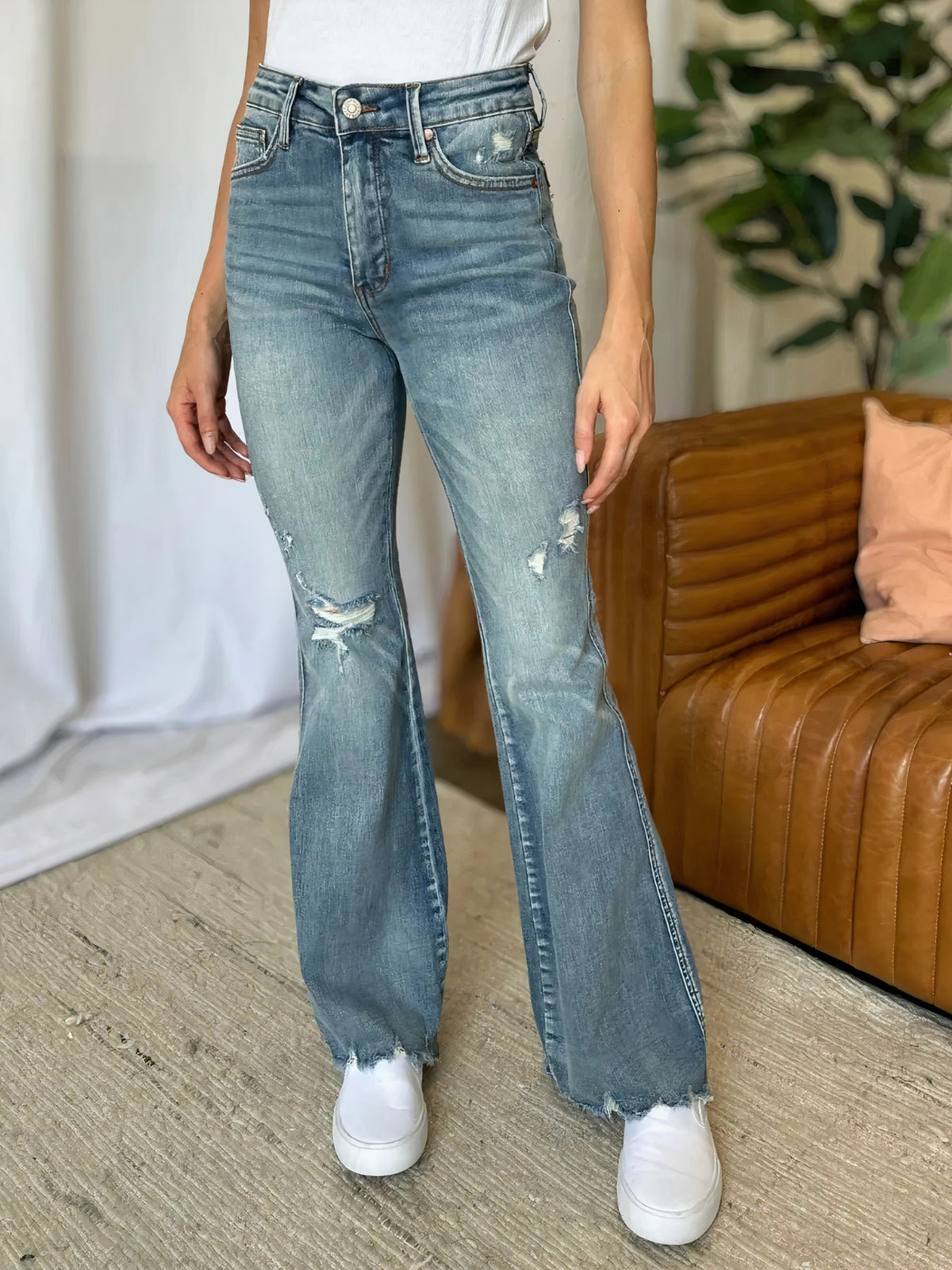 judy blue full size medium rise tummy control destroy flare - everyday wear