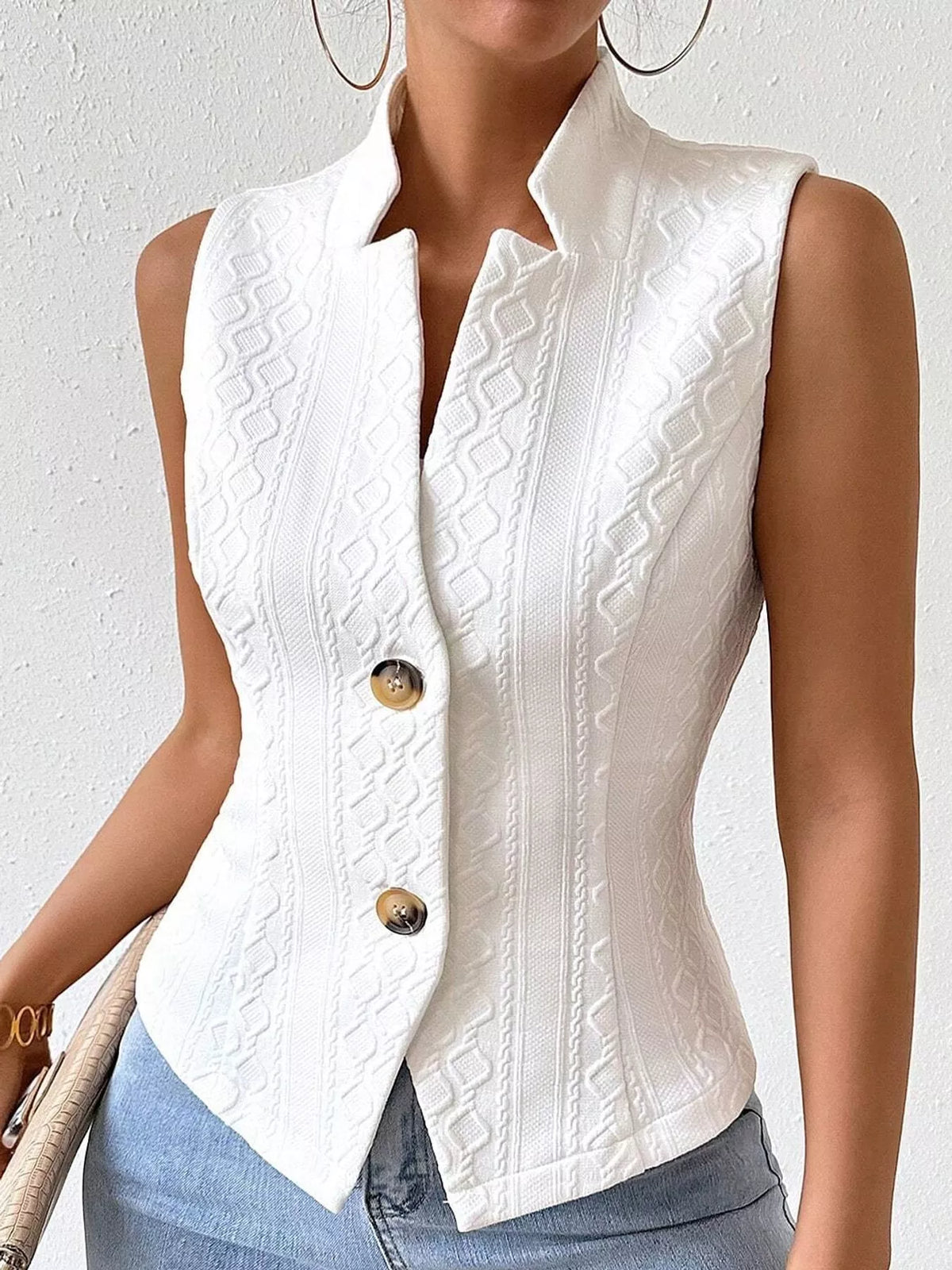 textured single-breasted vest coat – buttoned closure | dropsona - neutral - close-up detail