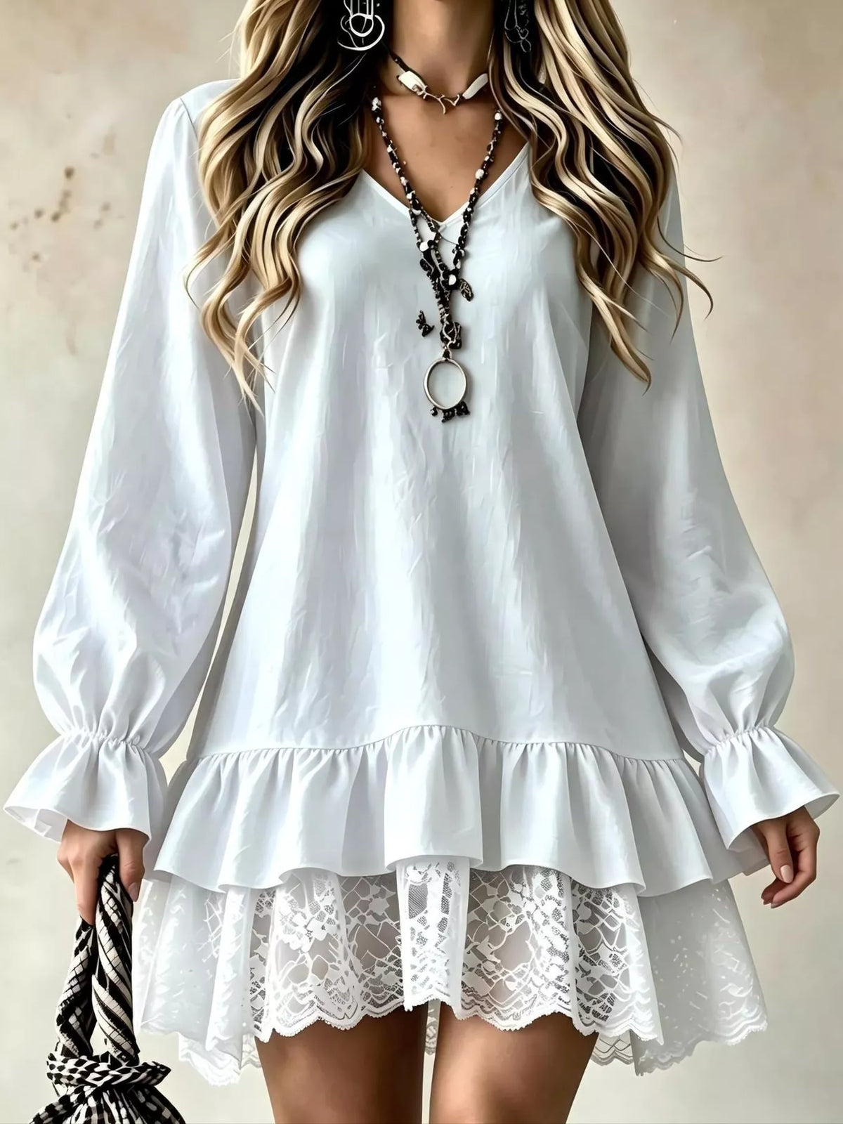lace hem v-neck flounce sleeve dress | dropsona - neutral - everyday use