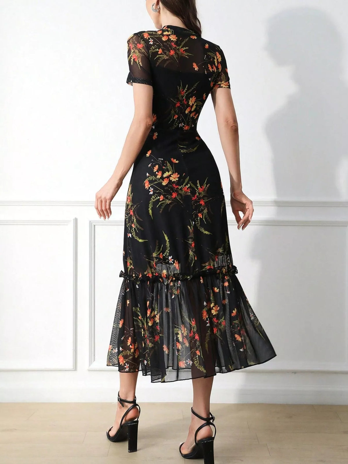 floral print sheer overlay midi dress with ruffle hem | dropsona - neutral - front view