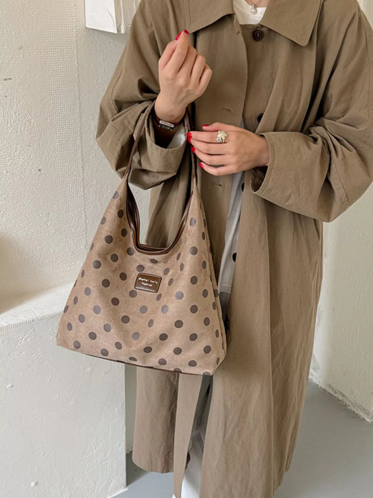 vintage polka dot suede shoulder bag – stylish sling | dropsona - neutral - everyday use