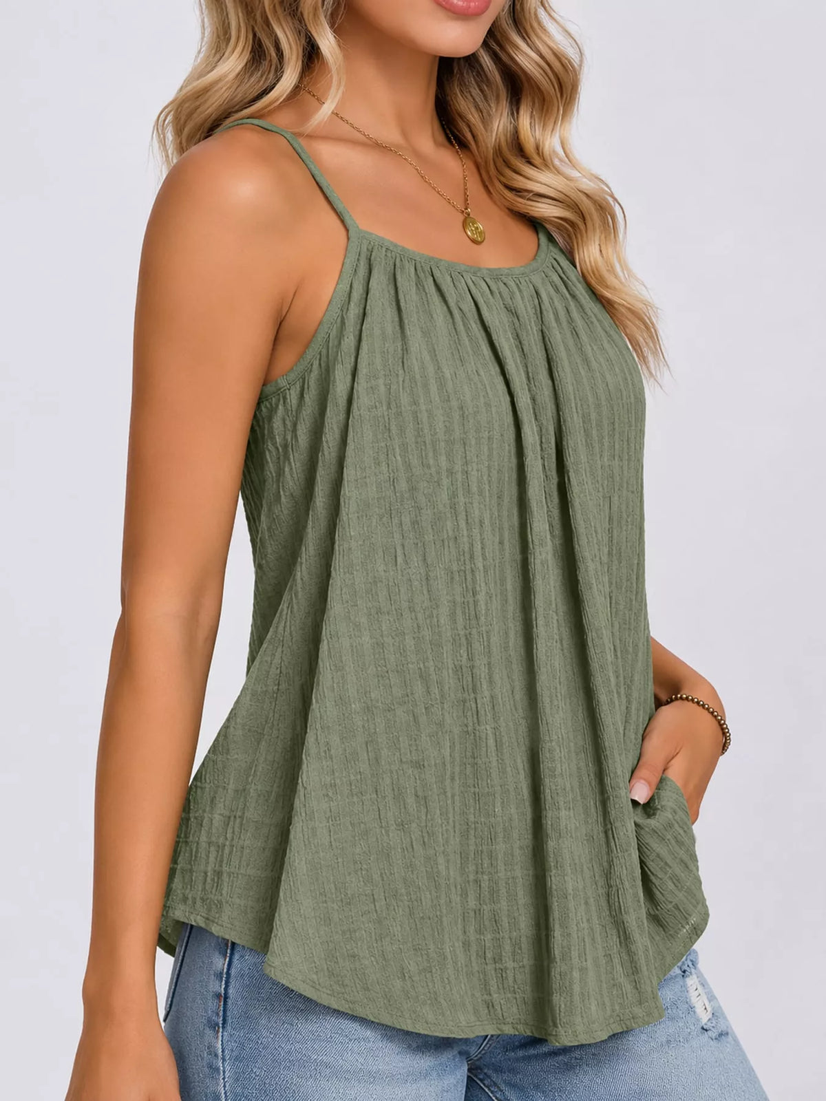 casual textured cami – pleated,backless fit | dropsona - neutral - front view