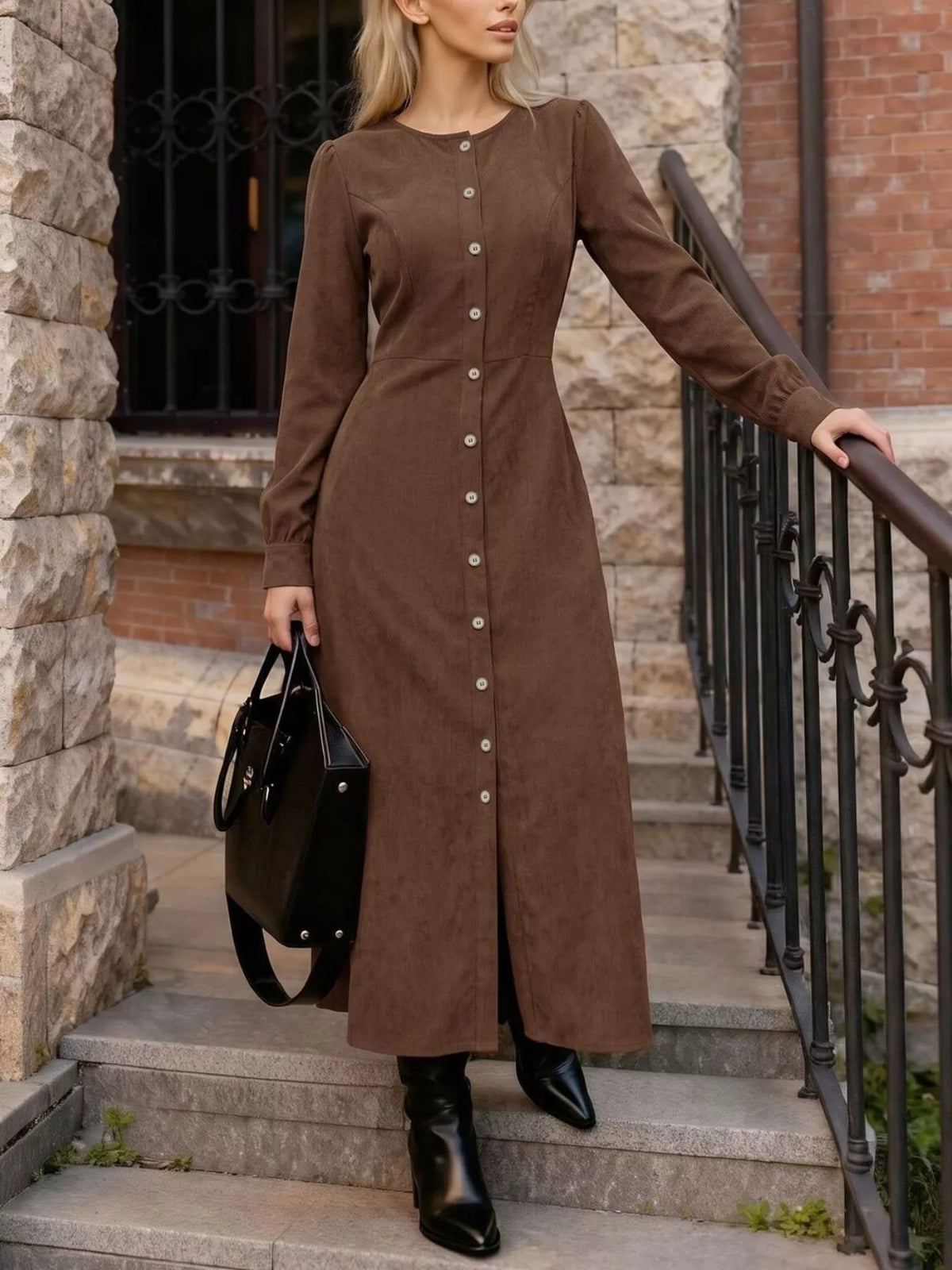 corduroy button-down maxi dress – buttoned,tied,slit | dropsona - neutral - everyday use