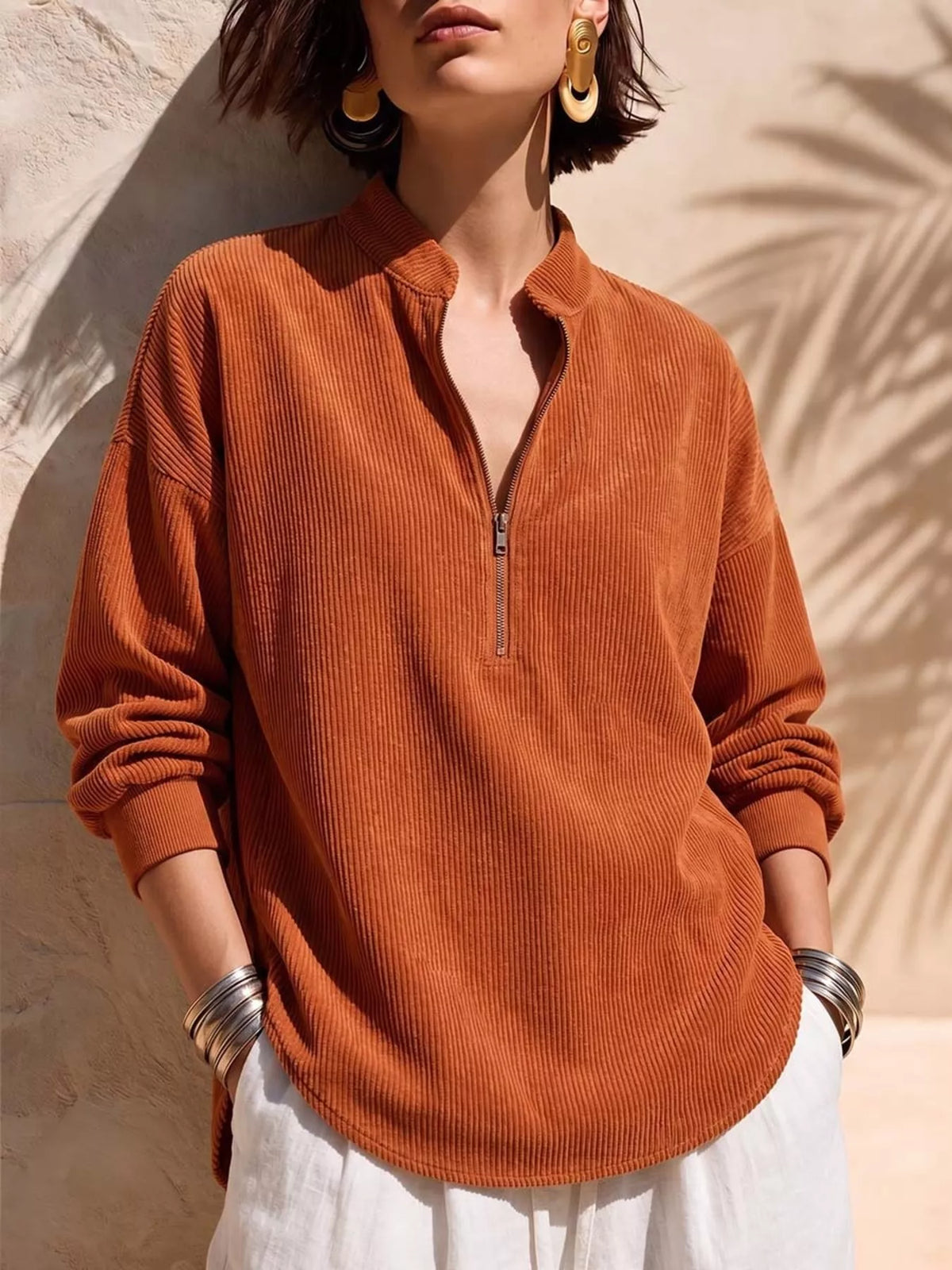 full size half zip dropped shoulder corduroy top plus | dropsona - neutral - everyday use