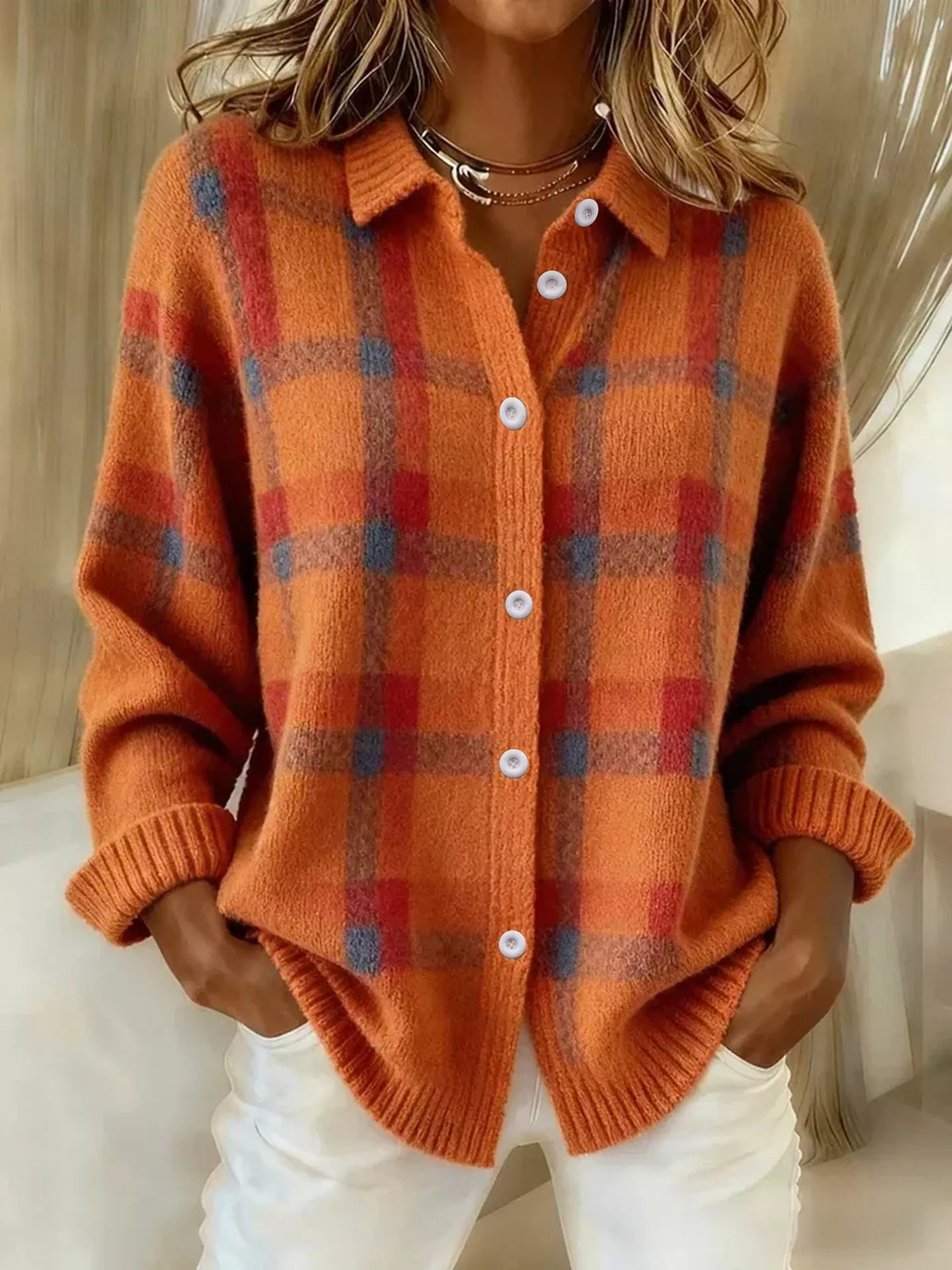 plaid button-up cardigan – buttoned | dropsona - neutral - everyday use