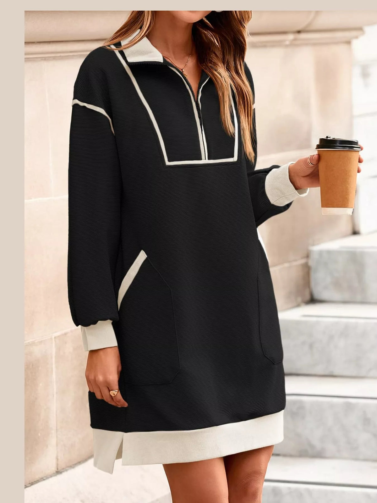 color block quarter-zip sweatshirt dress | dropsona - neutral - front view