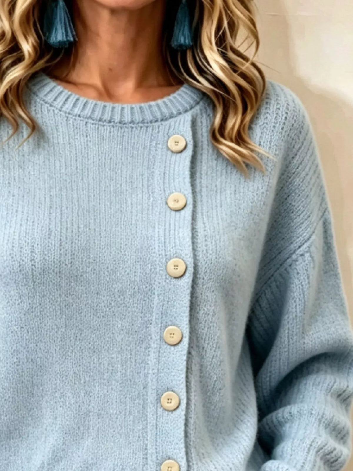 decorative button dropped shoulder sweater – buttoned | dropsona - neutral - front view