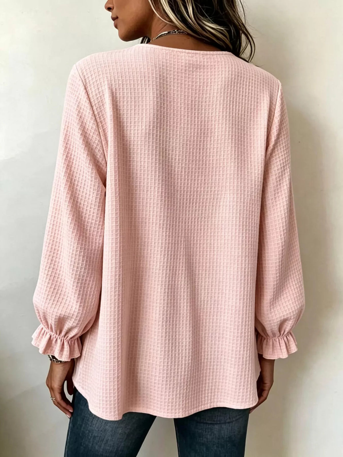 waffle knit long sleeve top | dropsona - neutral - front view