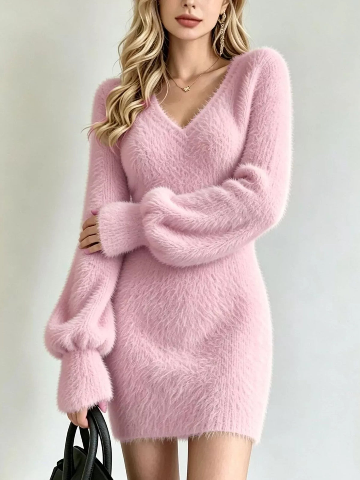 fuzzy v-neck long sleeve sweater dress – basic style | dropsona - neutral - front view