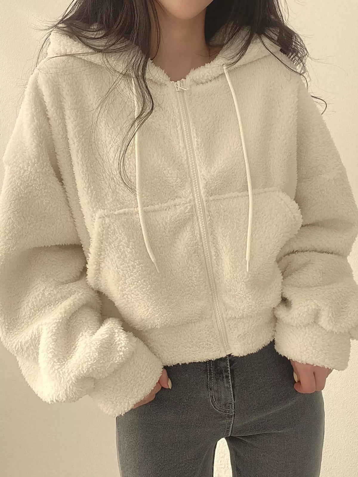 oversized sherpa zip-up hoodie | dropsona - neutral - front view