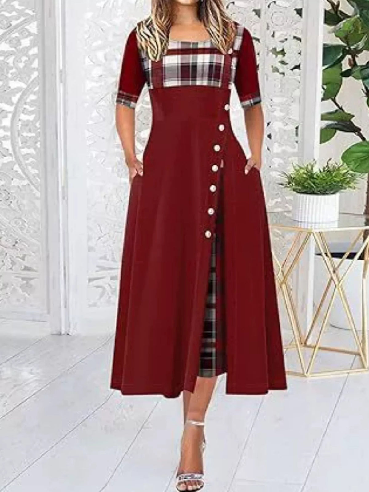 full size plaid half sleeve midi dress plus | dropsona - neutral - everyday use