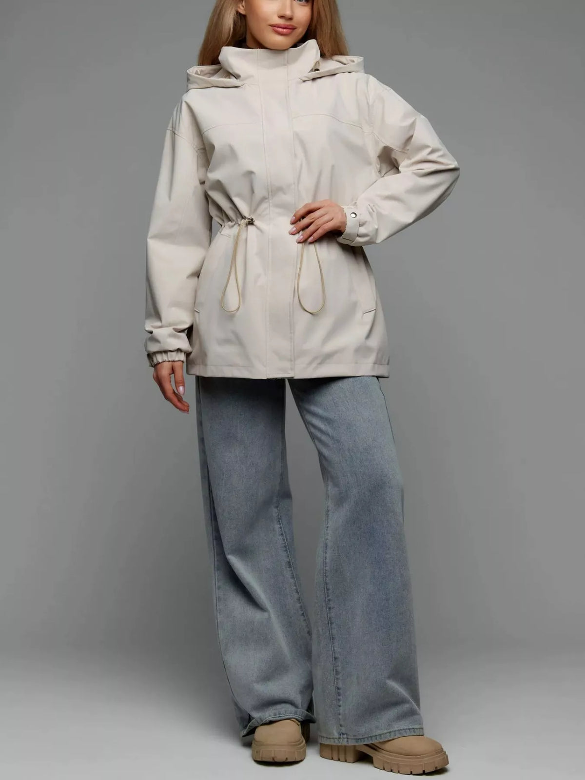 hooded windbreaker jacket with drawstring waist | dropsona - neutral - everyday use