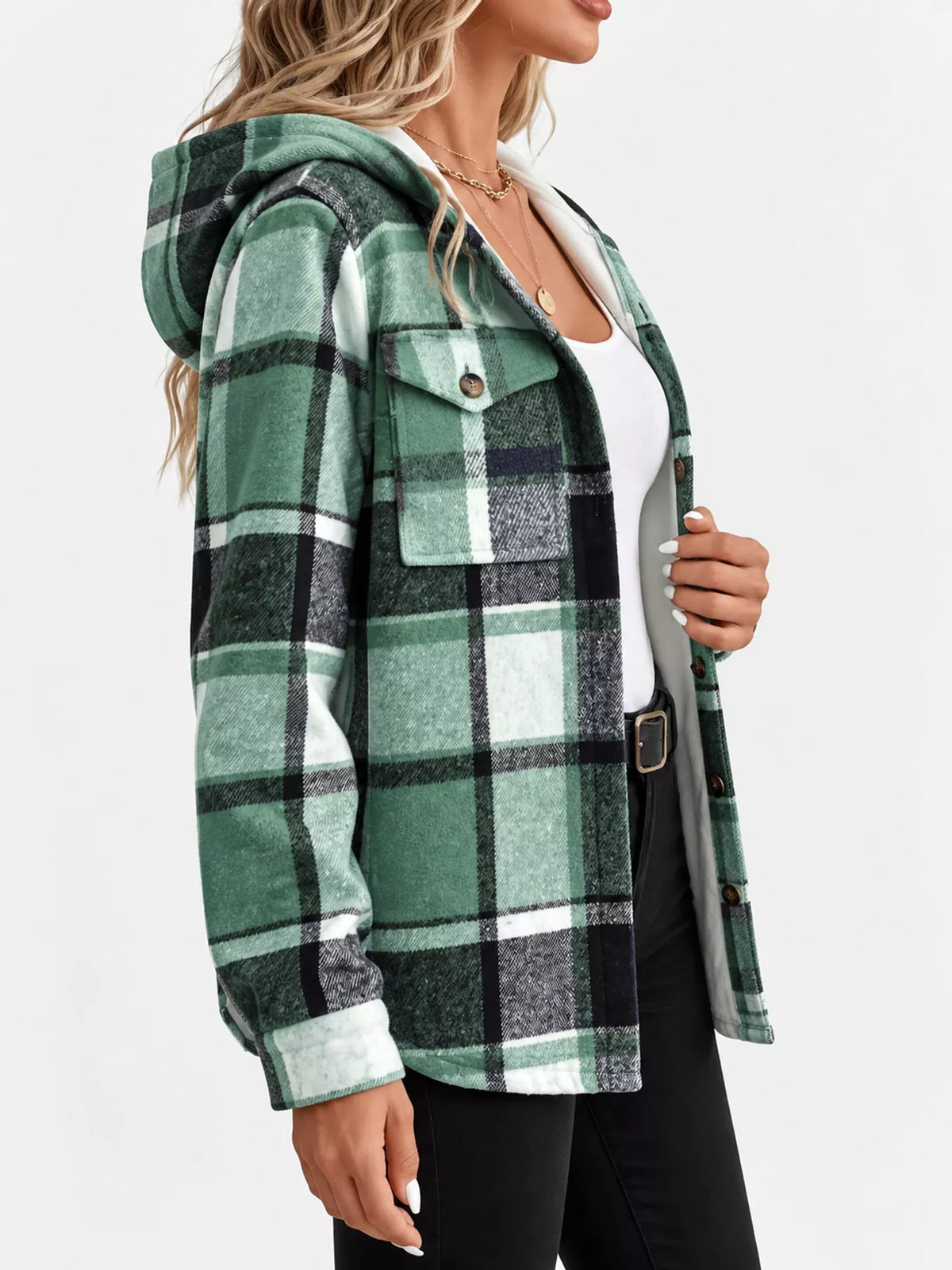 fleece-lined plaid button up shacket | dropsona - neutral - front view
