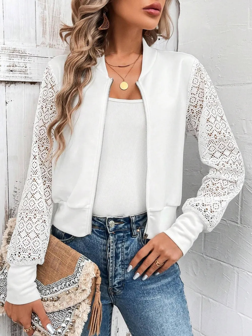 baseball collar lace patchwork long sleeve jacket - front view