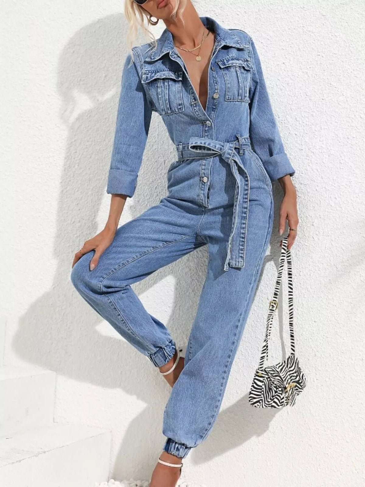 long sleeve button-up denim jumpsuit with belted | dropsona - neutral - everyday use