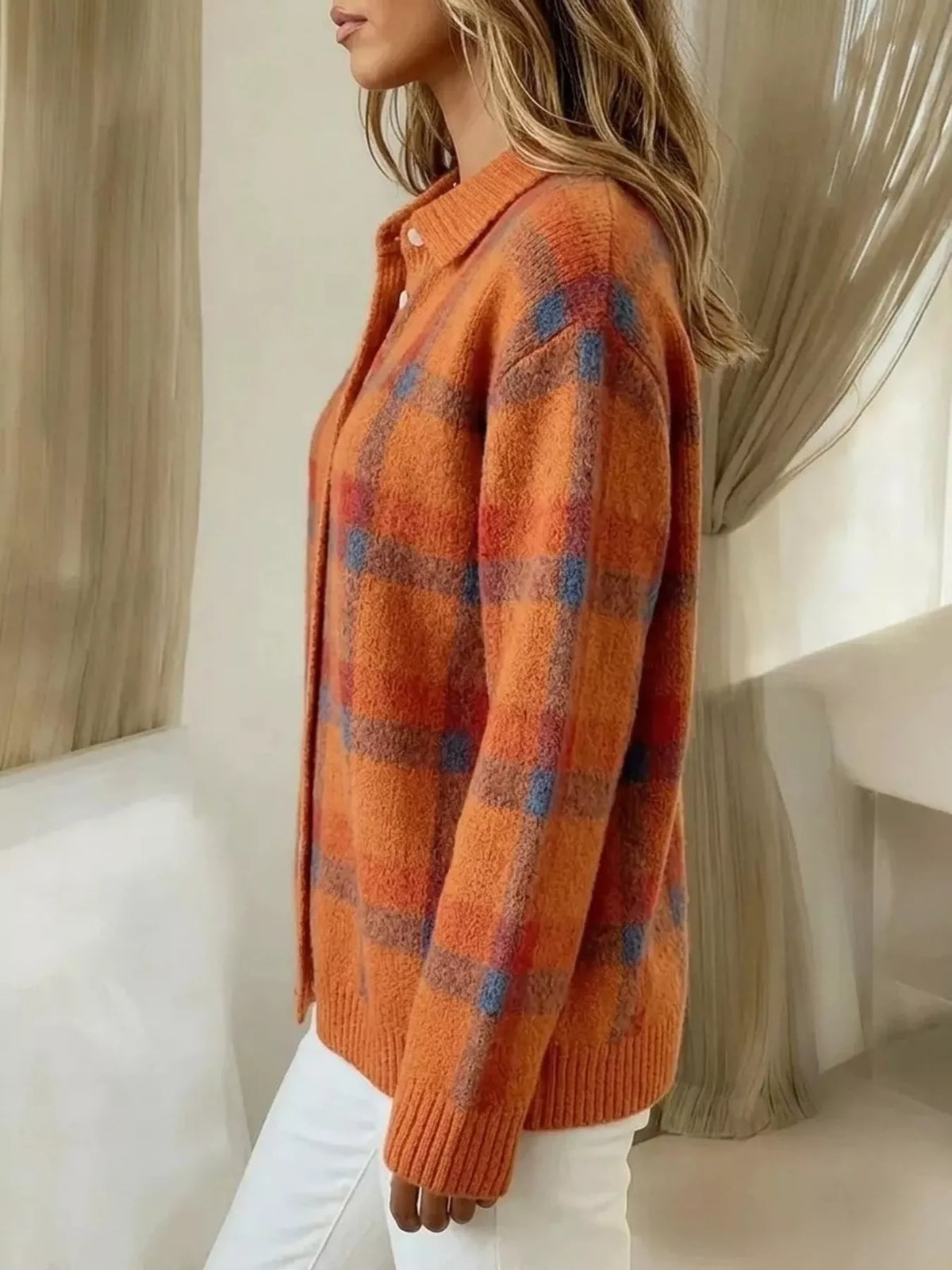 plaid button-up cardigan – buttoned | dropsona - neutral - front view
