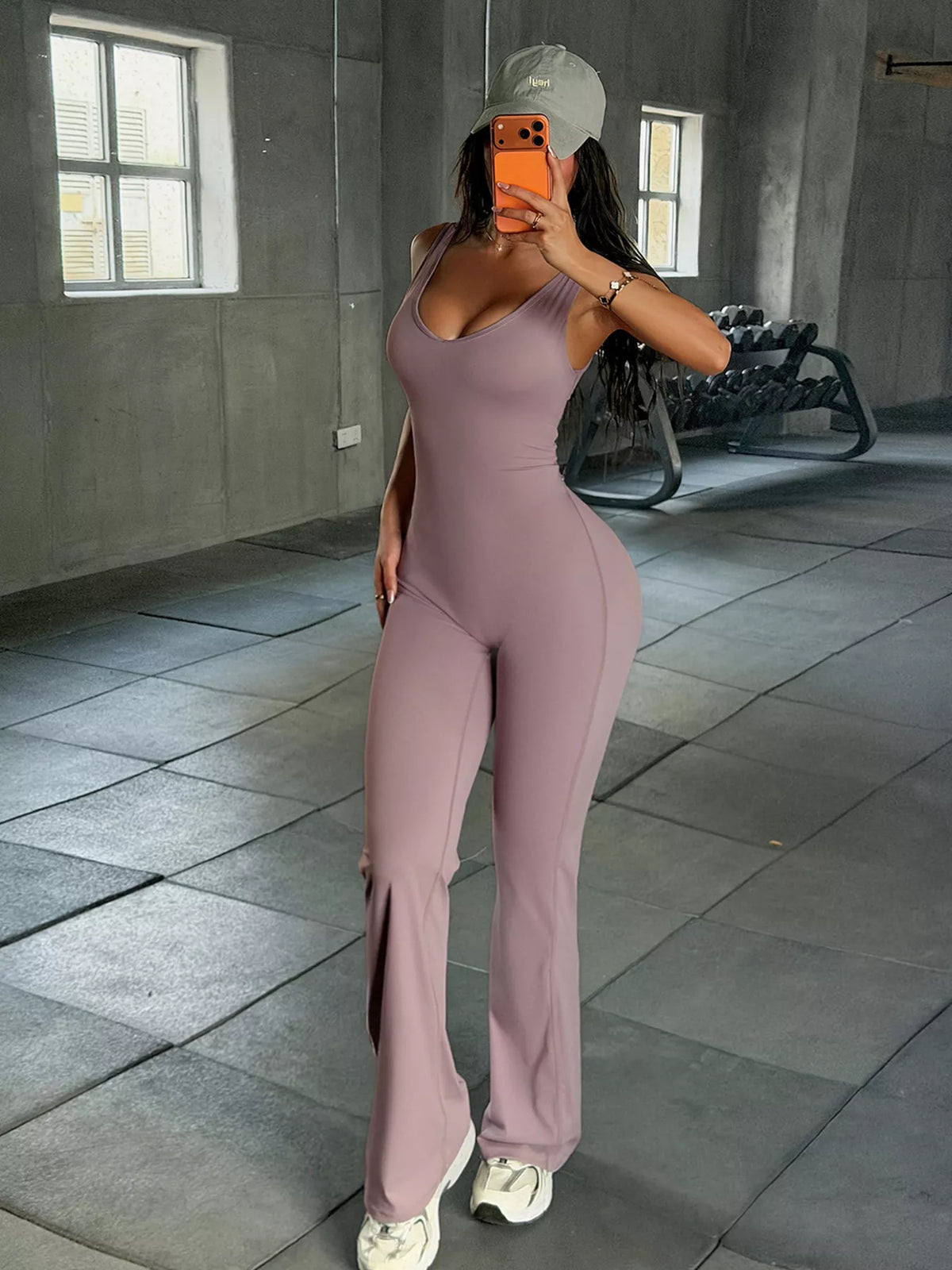 sleeveless active jumpsuit with flared leg design | dropsona - neutral - everyday use